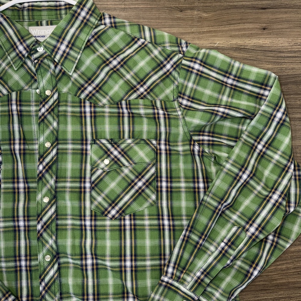 Vintage Wrangler Western Shirt Wrancher Plaid Green Pearl Snaps XL Mens - Picture 3 of 8